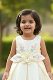 Cream 3D Floral Appliqué With Embroidery Party Wear Frock For Girls