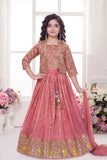 Peach Heavy Embroidered Lehenga Choli Set With Jacket for Girls