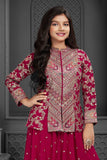 Red Embroidered Palazzo Set with Jacket for Girls