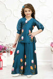 Blue Satin Printed Puffed Sleeves Palazzo Set For Girls