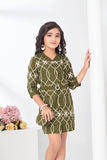 Olive Green Geometric Embroidered Bodycon Dress For Girls