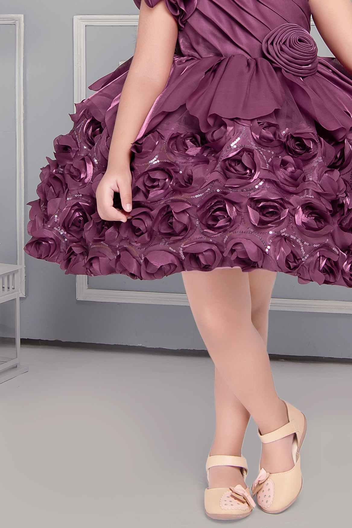 Designer Wine One Side Sleeve Frock With Floral Embellishment For Girls - Lagorii Kids