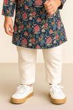 Navy Printed Kurta With Cream Pants For Boys