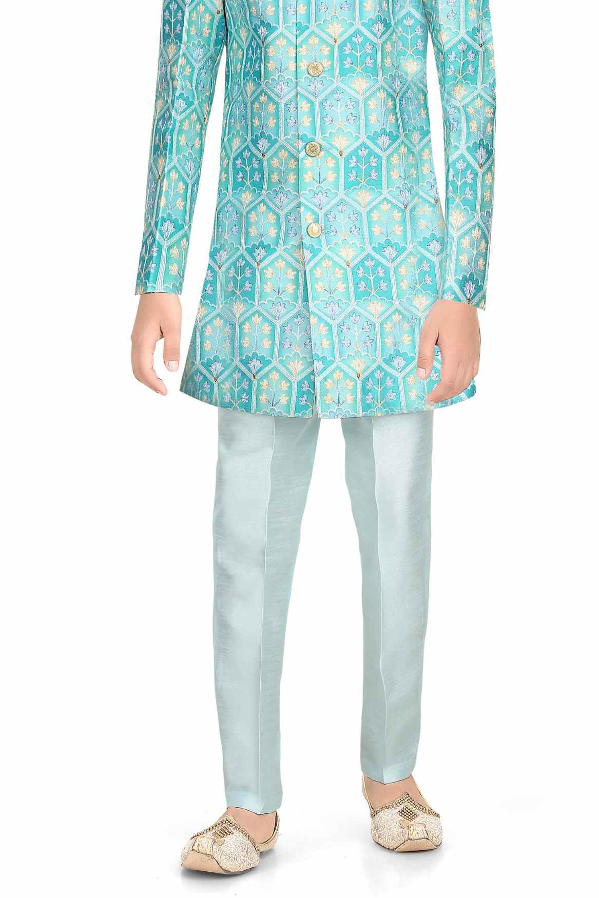 Classic Blue Printed Sherwani With White Pant For Boys - Lagorii Kids