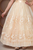 Designer Gold Embellished Net Party Gown With Floral Embellishment For Girls