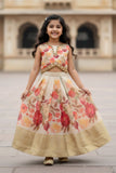 Cream And Red Bloom Floral Lehenga Choli Set For Girls