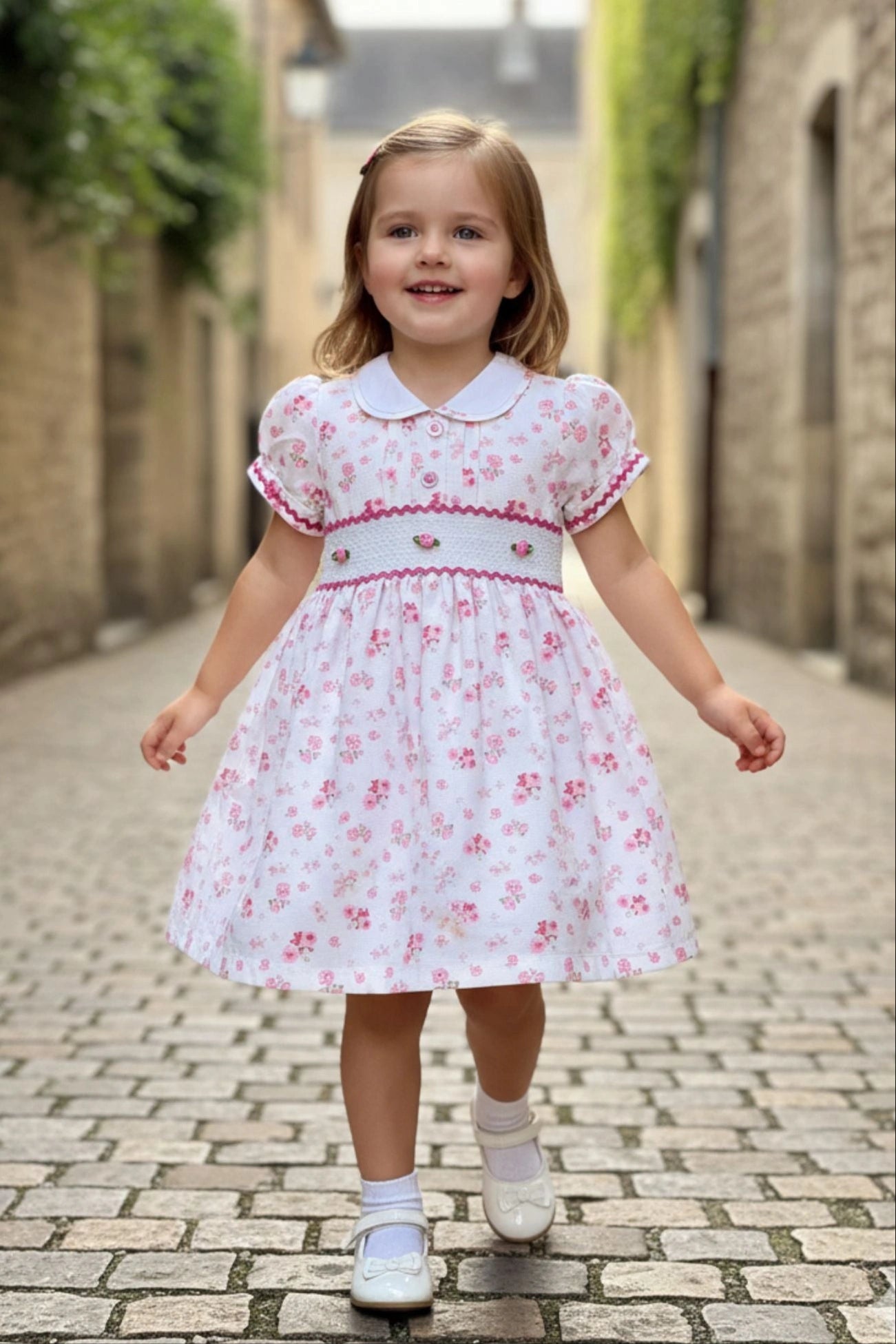 White & Pink Floral Smocked Dress with Peter Pan Collar For Girls – Lagorii  Kids