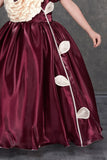 Wine Embellished Party Gown with Oversized Ivory Floral Appliqué For Girls