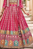 Red Sequin Work And Embroidered Lehenga Choli Set With Overcoat For Girls