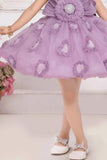 Lavender Floral Embellished Party Wear Frock With Sequin Detailing For Girls