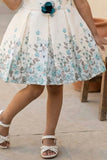 Cream Floral Party Frock with Mint Blue Rose Print & Puff Sleeves For Girls