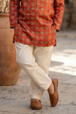 Red Ethnic Printed Kurta with Cream Pyjama Set For Boys