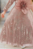 Peach Sequin Party Frock with Oversized Floral Bow For Girls