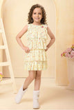 Yellow Floral Printed Multi Tiered Ruffle Dress For Girls