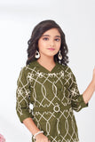 Olive Green Geometric Embroidered Bodycon Dress For Girls
