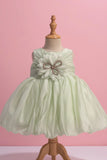 Mint Green Party Frock with Oversized Floral Appliqué and Pleated Shine Finish For Girls