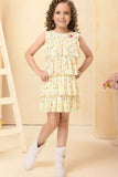Yellow Floral Printed Multi Tiered Ruffle Dress For Girls