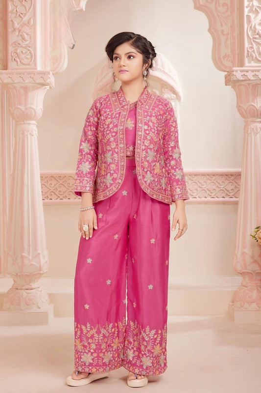 Pink Floral Embroidered Ethnic Co-Ord Set with Jacket for Girls