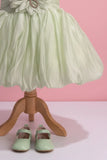 Mint Green Party Frock with Oversized Floral Appliqué and Pleated Shine Finish For Girls