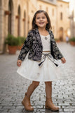 Cream Skirt Set with Black Embroidered Jacket For Girls