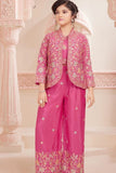 Pink Floral Embroidered Ethnic Co-Ord Set with Jacket for Girls