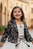 Cream Skirt Set with Black Embroidered Jacket For Girls