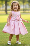 Baby Pink 3D Floral Appliqué With Embroidery Party Wear Frock For Girls