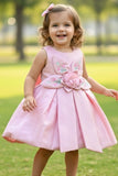 Baby Pink 3D Floral Appliqué With Embroidery Party Wear Frock For Girls