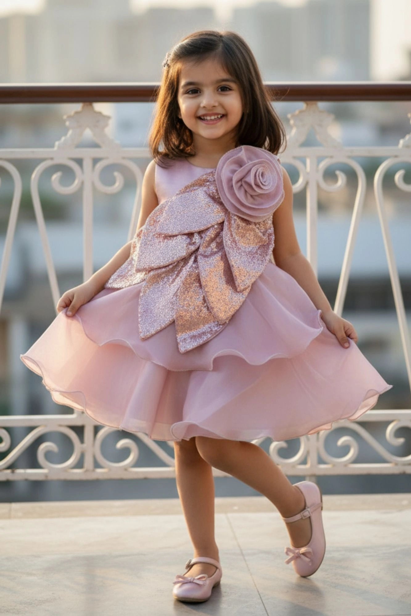 Dusty Pink Embellished Glitter Bow Party Dress for Girls – Lagorii Kids