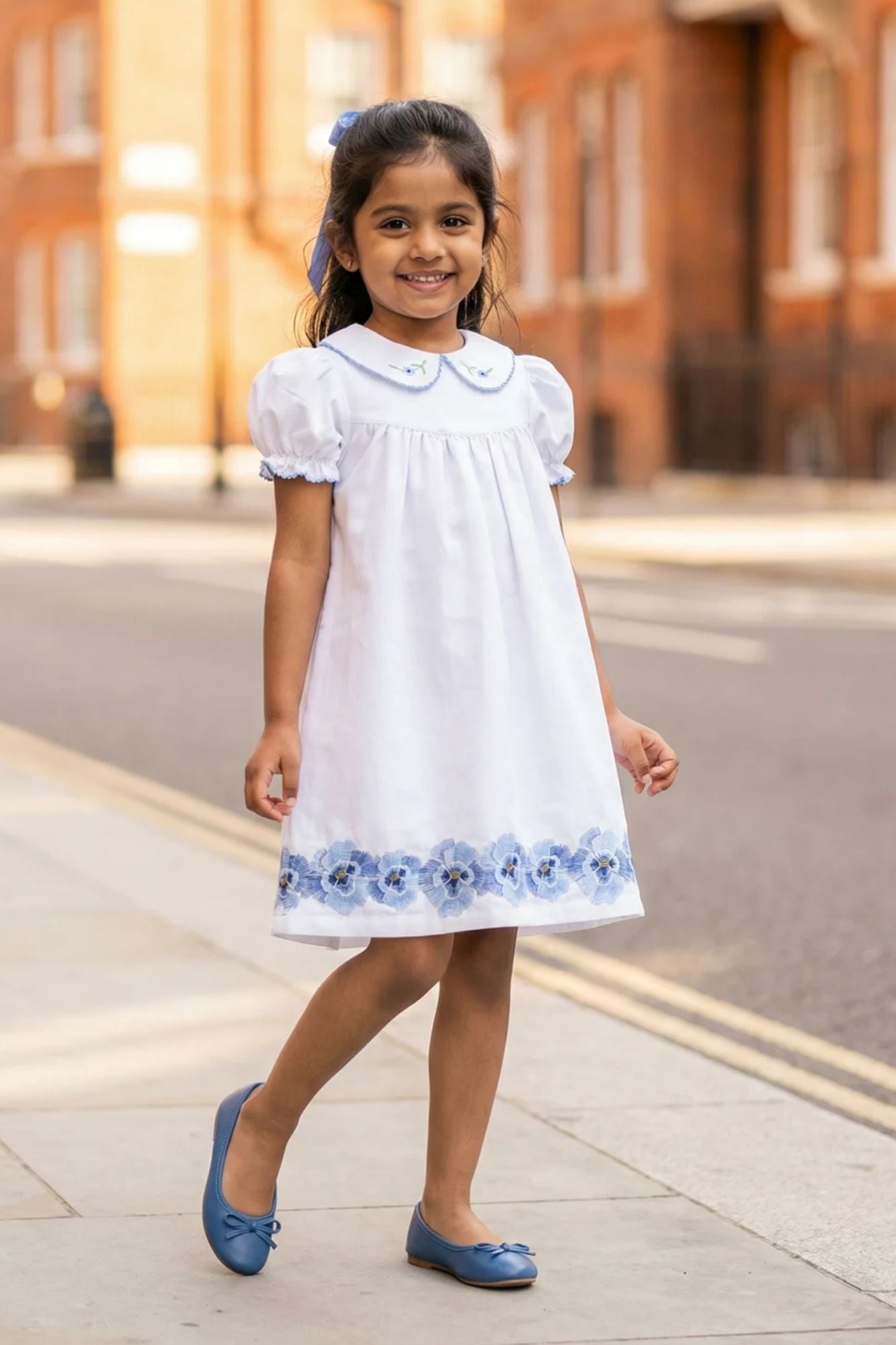 Girls White A-Line Dress with Blue Floral Embroidery - 4-5Y (24) Girls White A-Line Dress with Blue Floral Embroidery - 4-5Y (24)