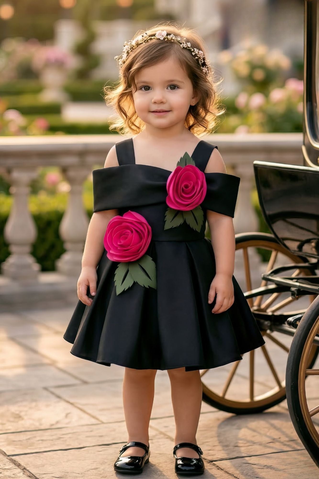 Girls Black Party Wear Dress with 3D Rose Applique – Lagorii Kids
