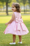 Baby Pink 3D Floral Appliqué With Embroidery Party Wear Frock For Girls