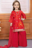 Red Printed And Sequin Top And Palazzo Set For Girls