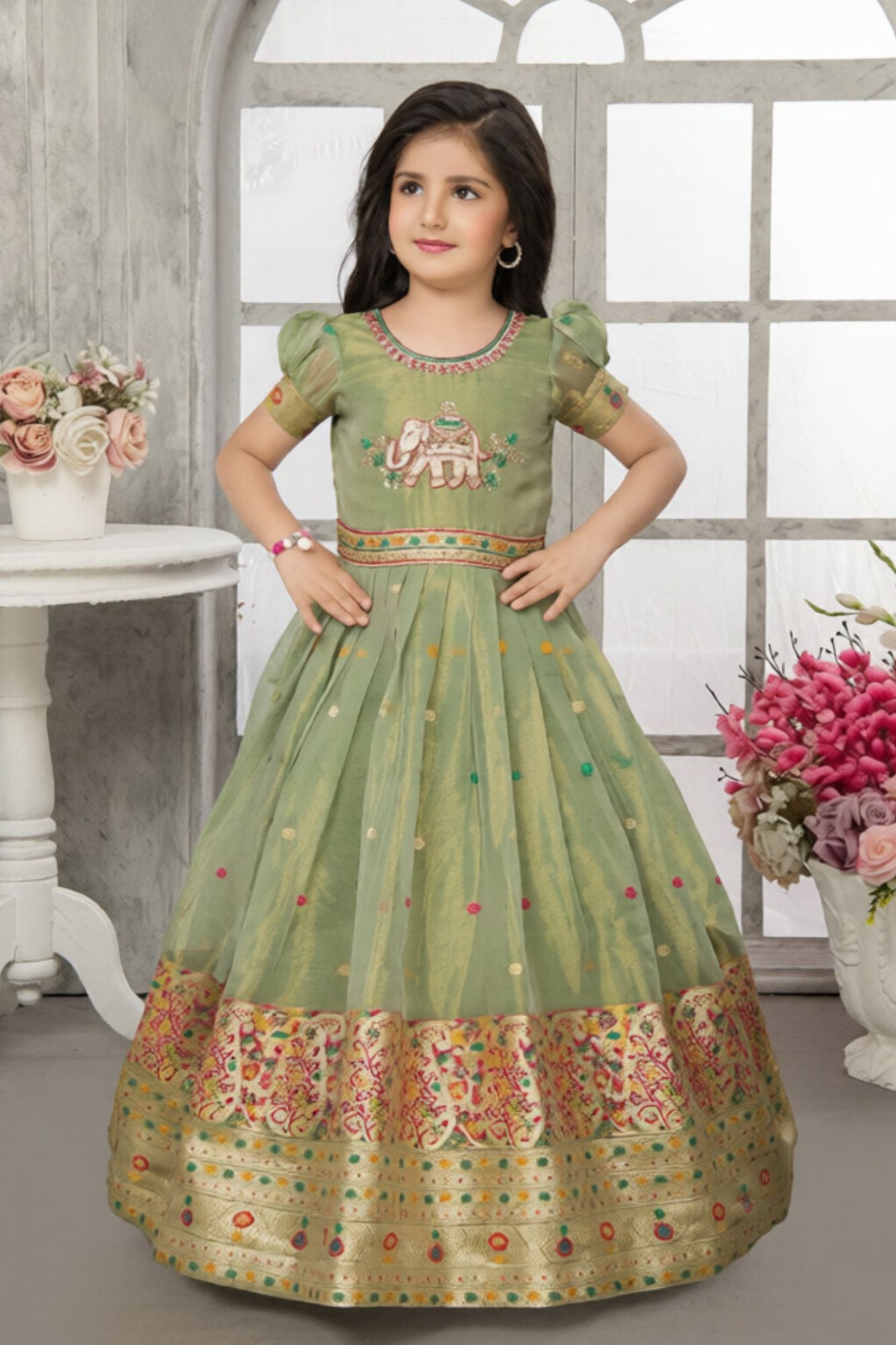Pastel Green With Elephant Embroidered Ethnic Gown for Girls Lagorii Kids Pastel Green With Elephant Embroidered Ethnic Gown for Girls Lagorii Kids