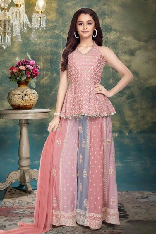 Multicolor Embroidered Palazzo Set with Dupatta For Girls