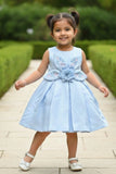 Blue 3D Floral Appliqué With Embroidery Party Wear Frock For Girls