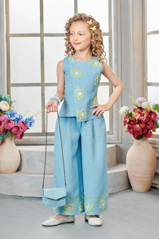 Sky Blue Embroidered Palazzo Set with Matching Sling Bag For Girls