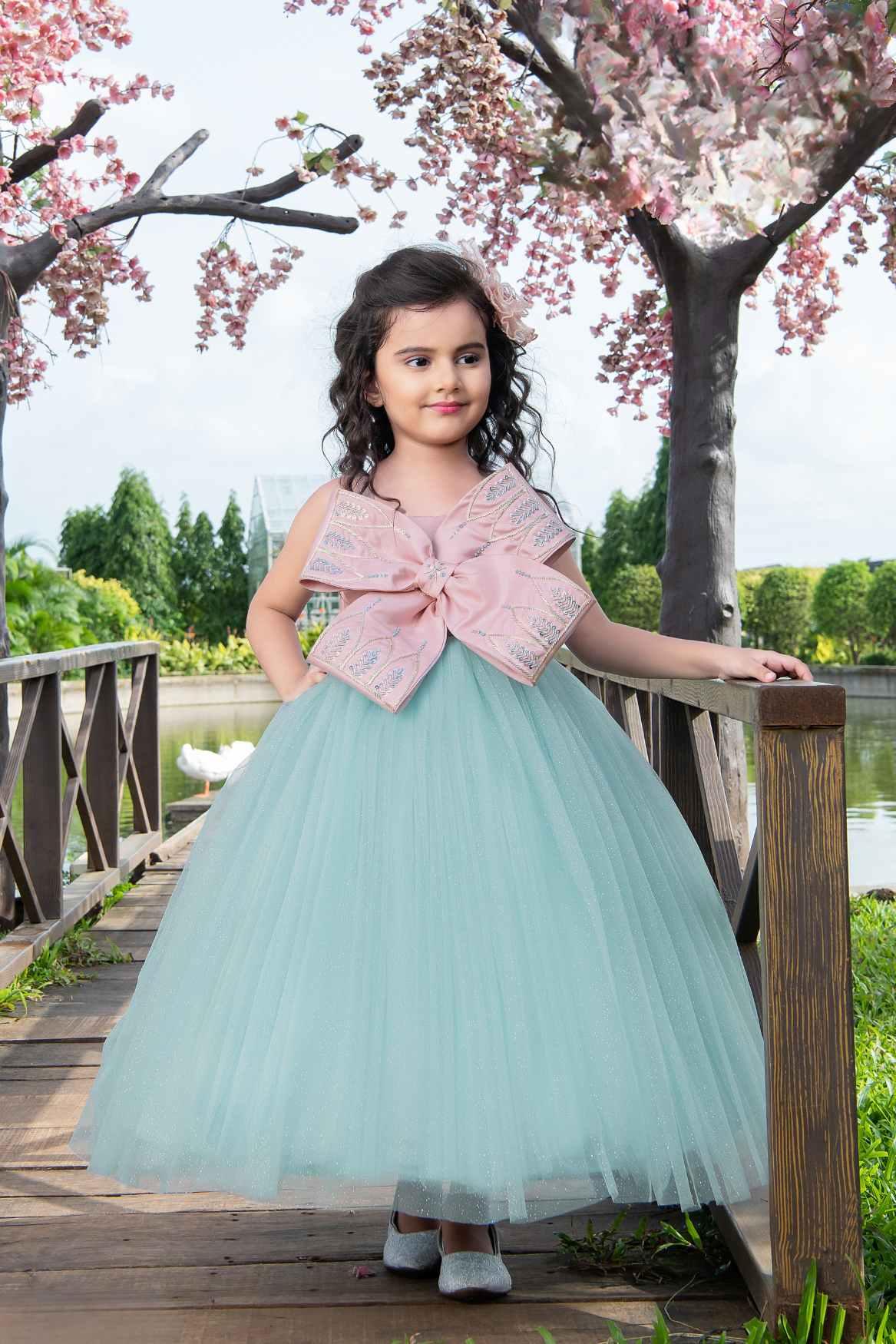 Designer Green Gown Embellished With Peach Bow - 2-3Y(20) Designer Green Gown Embellished With Peach Bow - 2-3Y(20)