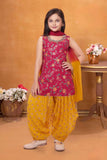 Rani Pink Kurti With Gold Patiala Suit Set For Girls