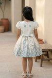 Cream Floral Party Frock with Mint Blue Rose Print & Puff Sleeves For Girls