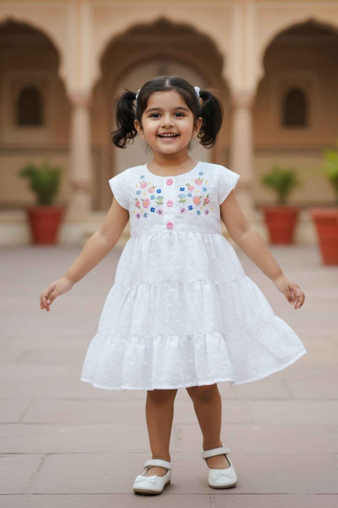 White Hakoba And Embroidered Casual Cotton Frock For Girls