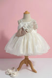 Cream Shimmer Party Frock with Sequin Floral Bow for Girls