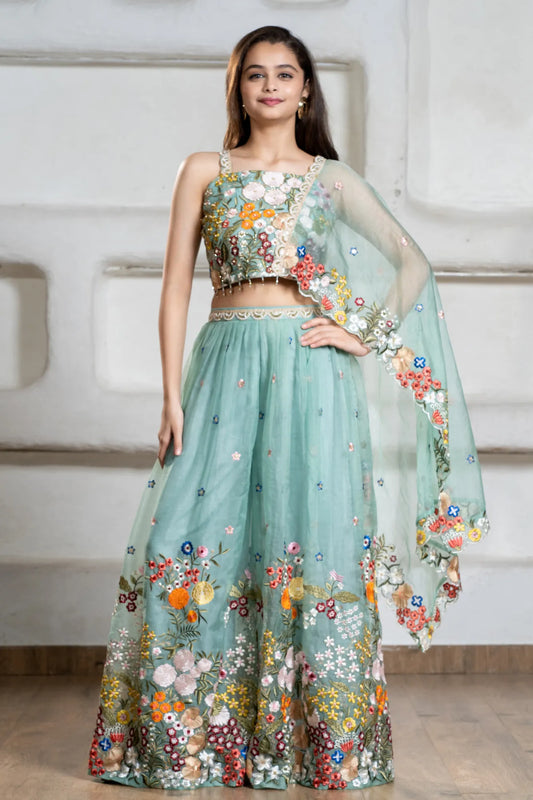 Elegant Sky Blue Embroidered Palazzo Set with Dupatta For Girls