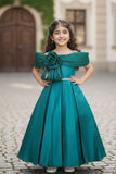 Teal Green Off-Shoulder Pleated Bow Party Gown For Girls