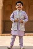 Lavender Embroidered Festive Kurta Pyjama Set with Jacket For Boys