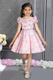 Pink Satin Frock With Floral Printed And Stone Work For Girls