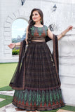 Black and Green Printed Crop Top with Pleated Lehenga and Dupatta For Girls