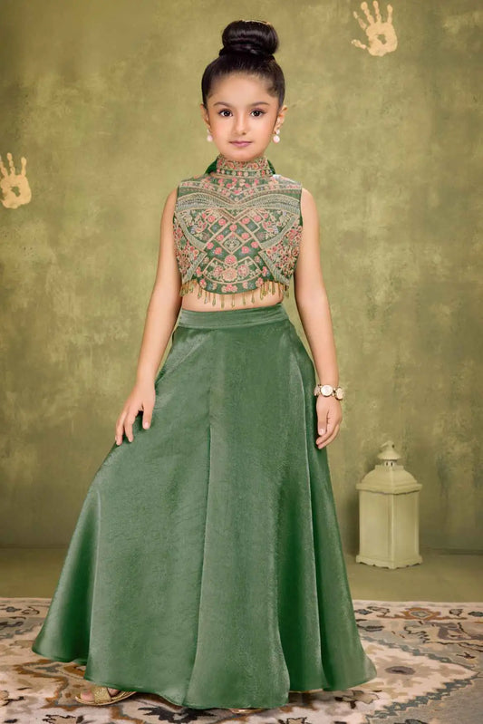 Designer Green Thread Embroidery For Palazzo Set For Girls