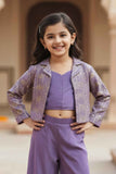 Lavender Embroidered Crop Top and Jacket Palazzo Set For Girls