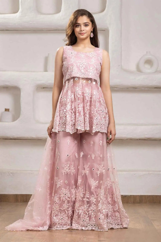 Elegant Pink Floral Embroidered And Mirror Work Palazzo Set for Girls